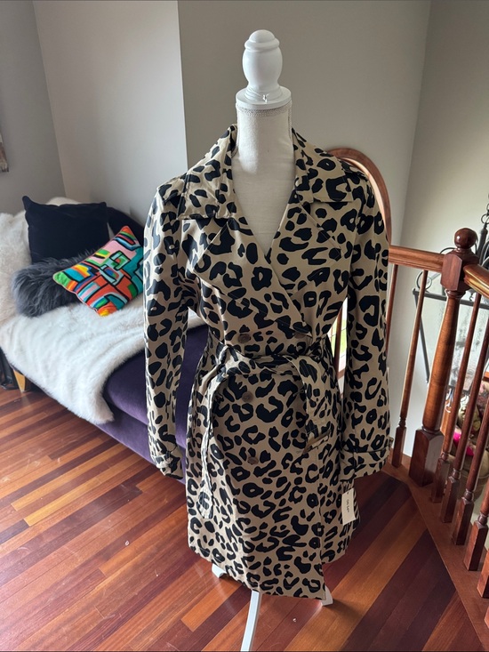 ON 34th Jackets & Blazers - Women's Beige and Black Leopard Print Wrap trench coat